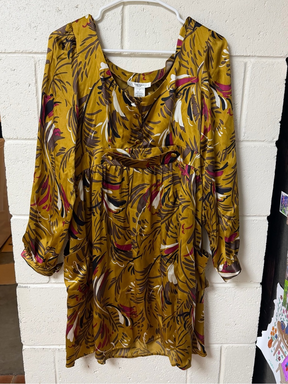 Vertigo Paris 100% Silk Botanical Print Long-Sleeve Mini Dress (Size M)